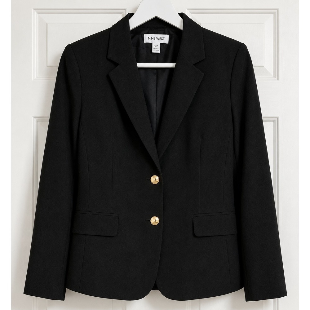 Nine West Women's Black Blazer Jacket Gold Button Sz 12 Petite Classic Business